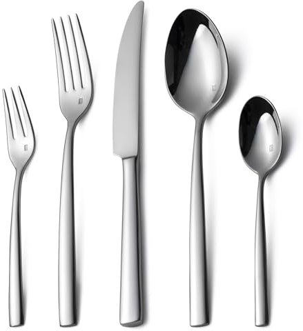 Alata Konrad 18/10 Edelstahl Poliert, Besteck Set 6 Personen, Essbesteck 30 teilig, Monobloc-Messer, Glänzend, Spülmaschinenfest