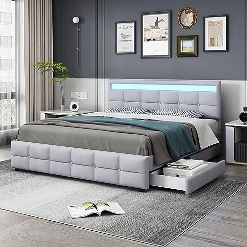 KUAKE Polsterbett 180 x 200 cm, Doppelbett LED-Bettgestell mit 4 Schubladen, Lattenrost und Rückenlehne, Hautfreundliches Doppelbett aus Samtstoff für Erwachsene und Jugendliche (Grau)
