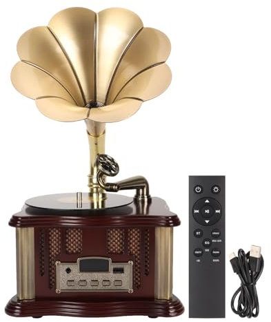 Retro Phonograph Plattenspieler Bluetooth Lautsprecher, Typ C Wiederaufladbar Nostalgisches Vintage Grammophon Kabelloser Bluetooth 5.0 Lautsprecher mit FM Radio für Handys,