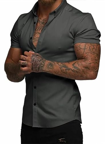 Elegancity Mens Shirts Short Sleeve Smart Casual Summer Beach Shirts Slim Muscle Fit Button Down Formal Dress Shirt Grey, L