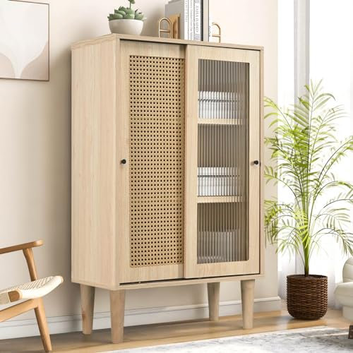 Sweiko Aparador de ratán con puertas de ratán de plástico y puertas correderas de cristal, armario de cocina con 6 compartimentos detrás de las puertas, armario multiusos para comedor y salón (60 x 40