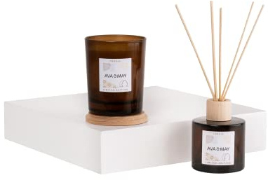 AVA & MAY Persia Home Fragrance Set – veganes Set mit Duftstäbchen und Duftkerze – 1 x Diffuser und 1 x Kerze mit hochwertigem Duftöl aus Feige, Jasmin und Neroli