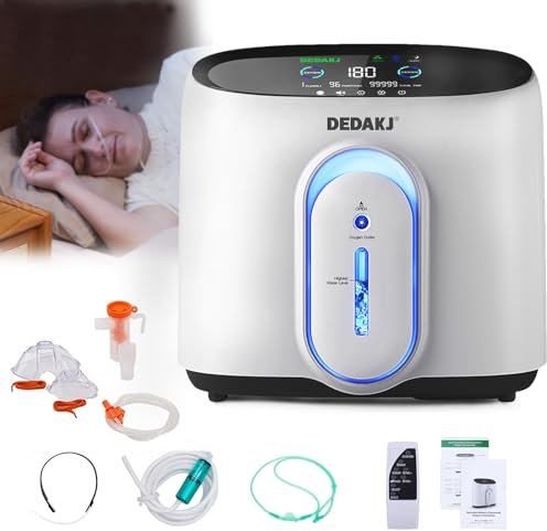 DEDAKJ Concentrador de Oxígeno, 93%±3% Alta Pureza 1-8L / min Ajustable, Generador de Oxígeno de Flujo Hogar LED Portátil Con Control Remoto, Función de Atomización, Certificado por la CE