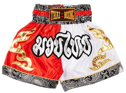 MUAY NATION Pantaloncini Muay Thai per Uomo e Donna, Pantaloncini da Boxe MMA dal Taglio Slim, Abbigliamento da Allenamento per Kickboxing (IT, Testo, L, Regular, Regular, Bianco/Rosso)