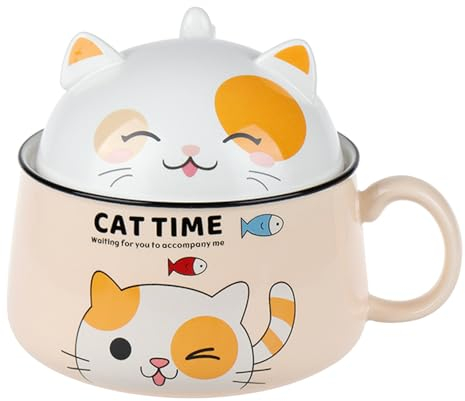 Tasse de ramen, chat bol ramen 1020 ml bol ramen mignon avec couvercle et manipuler un bol de nouilles instantanées en céramique pour la soupe pasta du dessert de céréales sans couverts