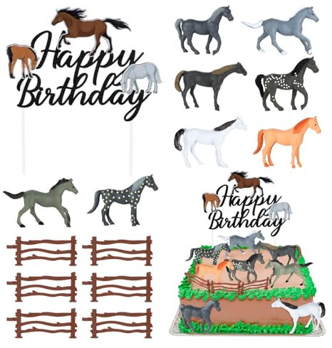 Yamitora 15 Stück Pferde Tortendeko Geburtstag Cake Toppers Pferde Cupcake Toppers Realistische Kunststoff Pferde Zaun Tortenstecker für Geburtstag Thema Party Torte Dekorationen,360-Grad Mini