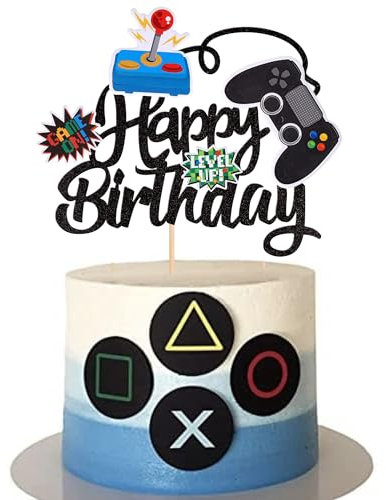 Xsstarmi 1 Pack Cake Decoration Happy Birthday Cake Topper Glitter Video Game Birthday Cake Topper for Children Birthday Accessories for Party Cake Decorations Black