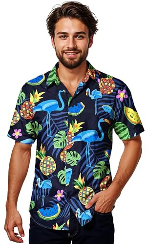 King Kabana Stylish Chemise-Hawaienne, Manche-Courte, Flamingo-Melon-Style, Bleu-Foncé-Bleu-Flamants-Roses, XL