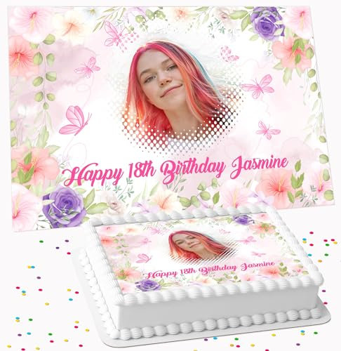 YOUR OWN PHOTO ON CUTE FLOWER BACKGROUND BIRTHDAY PERSONALISED ICING EDIBLE LARGE CAKE TOPPER DECORATION SUITABLE FOR USE ON COSTCO CAKE PC-565