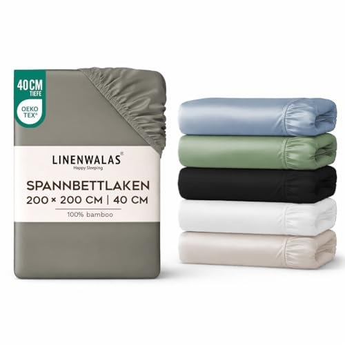 LINENWALAS Spannbetttuch aus 100% Bio-Bambus Seide 200x200 cm, Tiefe Tasche bis 40 cm weich, Öko-Tex-zertifiziertes kühlendes Bambus-Bettwäsche-Set Spannbetttuch mit Kissenbezug (Hellgrau)