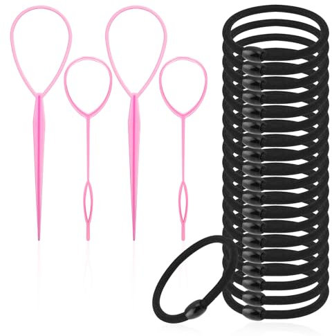 4Pcs Hair Pull Through Tool Topsy Tail Hair Tools with 20Pcs Elastic Hair Tie, Hair Flip Tool Hair Twist Tool Hair Braiding Tool Ponytail Maker Hair Tie Cutter Tool French Styling Braid Loop Tool