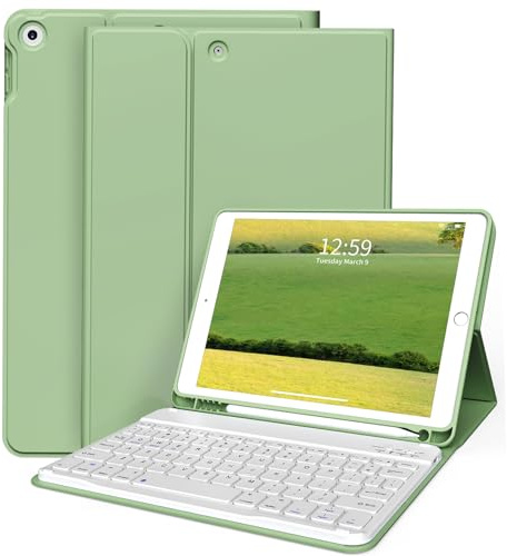 ZKTUYU Keyboard Case for iPad 9th/8th/7th Generation 10.2 inch 2021/2020/2019 with Pencil Holder, Stand Folio Detachable Wireless Bluetooth Keyboard Cover, Soft TPU Back Smart Case, Green