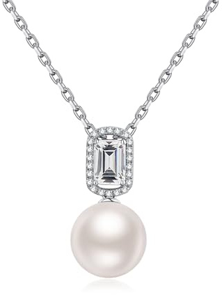 JiaYang Sterling Silber 12MM Perlenkette für Damen, runde Süßwasserperle mit Smaragd Schliff Faux Diamant Anhänger, Halo Design Halskette, Perlenschmuck für Muttertag Geschenk