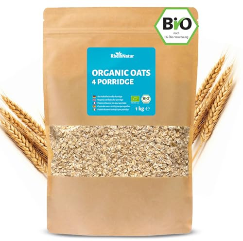 RheinNatur Bio Haferflocken 1 kg - Ideal für Porridge, Overnight Oats & Haferbrei - Reich an Ballaststoffen, Mineralstoffen & B-Vitaminen - 1000 g Beutel