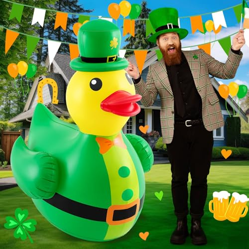 Hungdao 1 canard géant gonflable de 1,2 m pour la Saint-Patrick portant un chapeau trèfle porte-bonheur en caoutchouc pour décoration intérieure ou extérieure