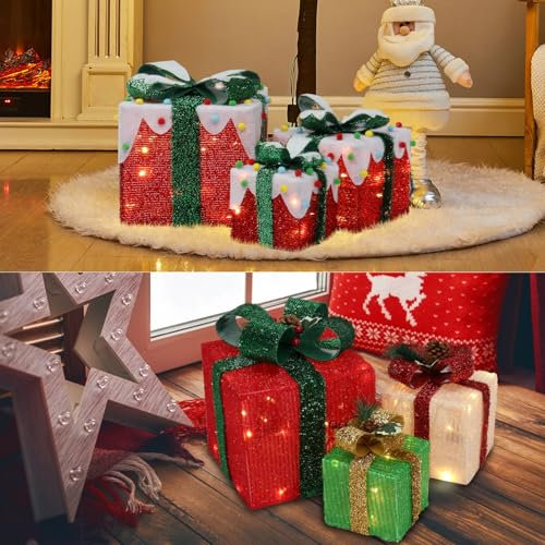 LEADZM LED Weihnachten deko 6er 2Set Weihnachts Dekoboxen warm weiß beleuchtet Batterie betrieben Indoor und Outdoor (Zwei Geschenkboxen)