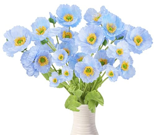 Zythrem 6pcs Künstliche Mohnblumen Blumensträuss Fake Blumen Deko Blau, Kunst Blumen Kunstblumenstrauss für DIY Blumenarrangements Kernstück Hochzeit
