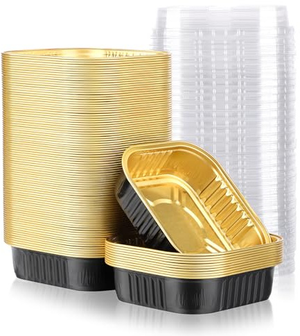 Beasea Aluminum Foil Ramekin Cups With Lids, 100 Pack 8.5oz 250ml 4 Inch Mini Disposable Square Foil Ramekins Aluminum Oven Baking Brownie Cupcake Cup Tins for Party - Black Gold