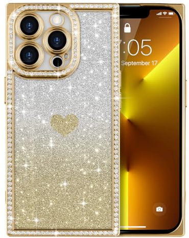 ROSEHUI for iPhone 13 Pro Case for Women Girls,Cute Love Heart Pattern, Electroplated Luxury Glitter Bling Diamond Clear Rectangle Case,Full Camera Protective Shockproof Soft TPU Cover-Gold