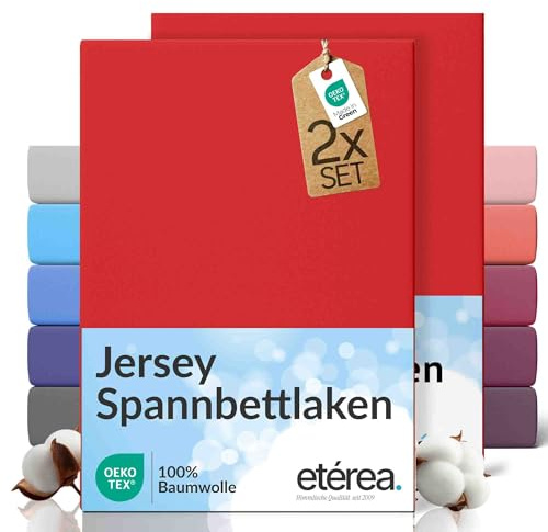 etérea Jersey 2er Set Spannbettlaken 100x200cm - 120x200cm Rot bis 25 cm Höhe - 100% Baumwolle Spannbetttuch Oekotex - Doppelpack Bettlaken 100x200 cm - 120x200 cm - Red