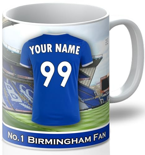 Personalised Birmingham City Mug - Customise with A Name and Number for The Shirt and A Message On The Back of The Cup