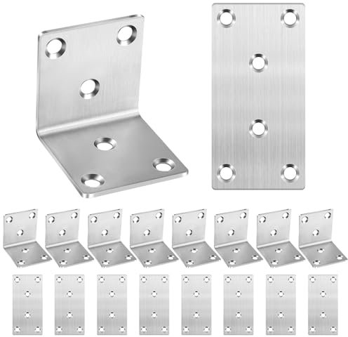 16Pcs Metal Brackets for Wood, 8 L Shaped Angle Connector and 8 Flat Joining Plates, Heavy Duty Sleeper Brackets, Stainless Steel Corner Brace Mending Plates for Fence Wood Fixing