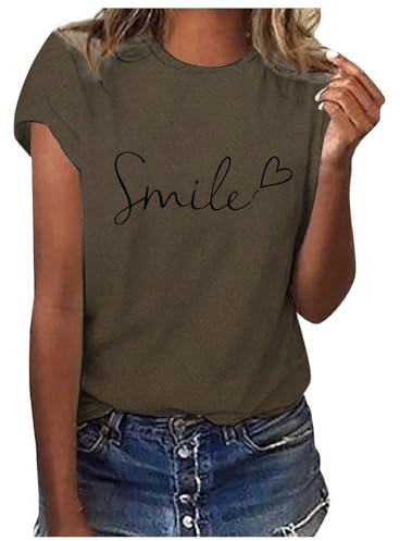 Tee Shirt Femme Manche Courte Col Rond Coton été T-Shirts Haut Femme Ete Fluide Ample Chic Grande Taille Imprimé Confortable Sport Casual Plage Tunique Chemisier (Vert-3, M)
