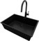 PRIMAGRAN Fregadero Granito Todo Negro 66x47cm, Cocina 1 Seno + Grifo 40x20cm + Sifón, Sobre encimera al mueble 70cm - London Slim