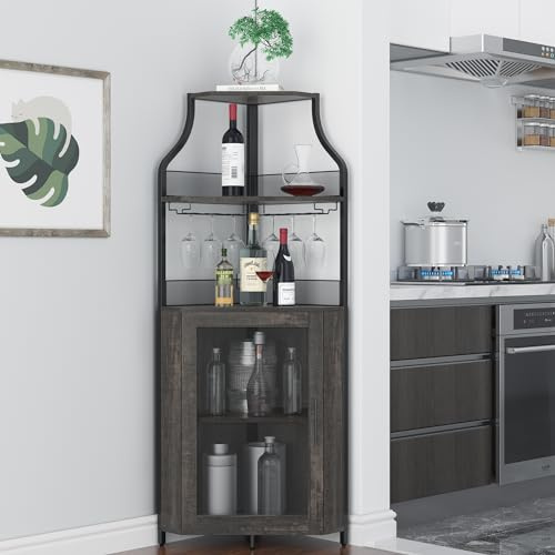 Eck-Weinregal, 5 Etagen Weinregal Freistehender mit Glashalter and Weinaufbewahrung, industrielles Weinbar Schrank mit Türen aus Metallgitter, 50 Flaschen Wein Bäckerregal für Bar, Küche 47x34x154cm-D