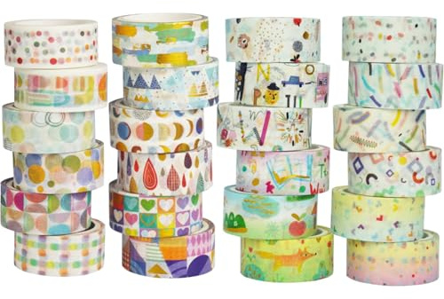 BetterJonny 24 Rollen Washi Tape Set, Klebeband Bunt Kinder Dekoratives Washi-Tape Niedliche Goldfolie Dekorative Masking Tape für Scrapbooking, DIY Handwerk und Bullet Journals(15mm x 3m)
