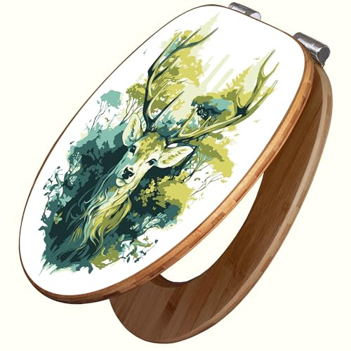 banjado Design WC Sitz Bambus Absenkautomatik 45,8x37,5cm - Toilettendeckel mit Absenkautomatik Holz - hochwertiger Bambus Klodeckel - WC-Sitz für gängigen Toiletten - Motiv Hirsch Wald Aquarell