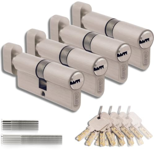 Lot de 4 Cylindres de Serrure en Laiton 40/40 mm avec Bouton, Vis et Clés incluses, Montage facile pour Portes et Garages, Clé unique, Longueur 80 mm