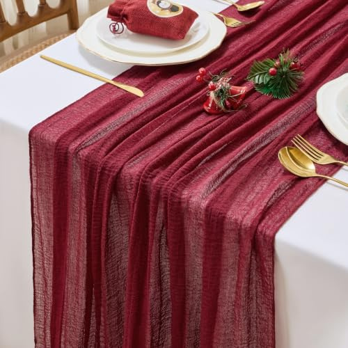 GUJOXILA Tischläufer Bordeaux Rot Weihnachten Käsetuch 300x80cm Tischdeko | Weihnachten Musselin Gaze Tischläufer für Winterpartys Hochzeit Kommunion Geburtstag Rustikal Dekostoff