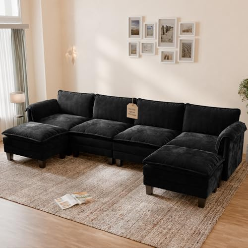 ELUCHANG XXL Wohnlandschaft U-Form, 336cm Breit Modulares Sofa 4-Sitzer, Chenille Couch mit 2 Ottomanen, 62cm Sitztiefe, Schlafsofa-Funktion, Werkzeuglose Montage, Schwarz