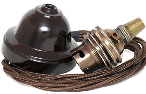 Repaireum Ltd. Ceiling Pendant Kit incl. New Solid Bakelite Brown Ceiling Cup, Antique Brass B22 Lampholder with Mocha Brown Twisted Flex