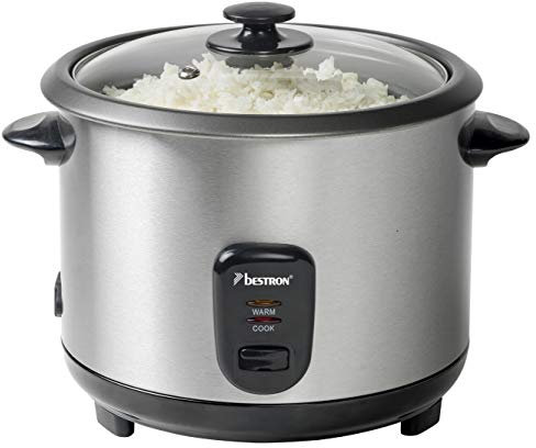 Bestron Olla Arrocera Grande con Recipiente de Cocción al Vapor y Función de Retención de Calor, 1,8 Litros, 700 Vatios, Acero Inoxidable