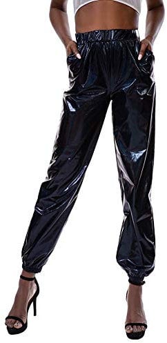 IMEKIS Damen Hohe Taille Cargohose Glänzend Wetlook Elastischer Bund Hologramm Hip Hop Tanzhose Lackleder Jogger Casual Streethose Bühnen Auftritt Partyhose Nachtclub Disco Clubwear Schwarz 2XL