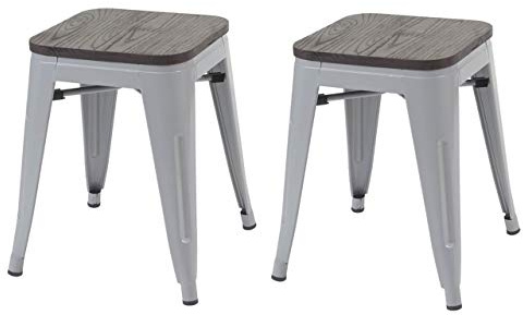 Mendler 2er-Set Hocker HWC-A73 inkl. Holz-Sitzfläche Metall - grau | Metallhocker, Sitzhocker, Industriedesign, stapelbar