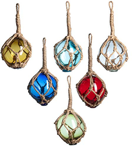 Japanese Glass Fishing Floats 2 | Multicolor Nautical Rope Balls - Set of 6 | Beach & Ocean Room Decor
