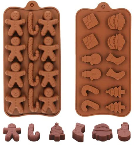 Christmas Chocolate Moulds Set,2 PCS Silicone Baking Chocolate Jelly Molds with Shapes of Snowman,Tree,Socks,Gift Box,Gingerbread Man,Candy Cane for Xmas Cake Decoration