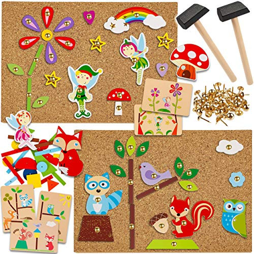 alles-meine.de GmbH Hammerspiel - 350 Teile Elfen - Feen & Waldtiere/für Kinder - Klopfspiel Nagelspiel - Hämmerchenspiel - Holz bunt Nagel Hammer - Hämmerchen mit Korkplatte..