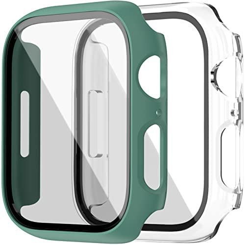 Dilhvy 2 Pezzi Cover Apple Watch Series 7 41mm con Vetro Temperato, Custodia Rigida PC Protezione Totale Ultra Sottile Schermo HD Pellicola Protezione per iWatch 7 (41mm, Transparente + Verde)