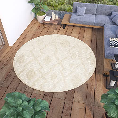 TAPISO Viera Teppich Outdoor Indoor Rund Creme 3D Modern Streifen Wasserfest UV-Beständig Loop-Teppich Sisal Optik Terasse Balkon ÖKO-TEX 80 x 80 cm