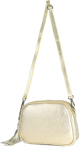modamoda de - T238 - ital. Damen Umhängetasche Leder Medium, Farbe:Lightgold Metallic