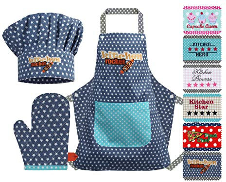 Emily´s Check Kochmütze + Küchenschürze + Topfhandschuh für Kinder - 3teiliges Set 1428.2002, Kitchen Rocket, Small [3-6 Jahre]