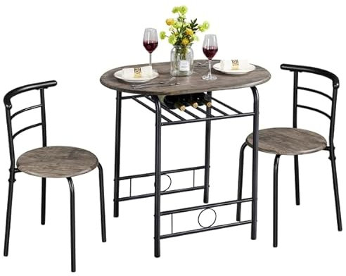 Abician Ensemble Table à Manger Ronde avec 2 Chaises en Bois MDF et en Métal avec Porte-Bouteilles Étagère de Rangement pour Cuisine Salle à Manger Terrasse Balcon Bistro Jardin Brun