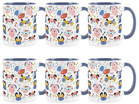 Purely Home Cartoon Dog Mugs Set - Novelty Colourful Dog Faces - Ceramic Tea/Coffee Blue Cup Gifts for Dog Owners Set of 6