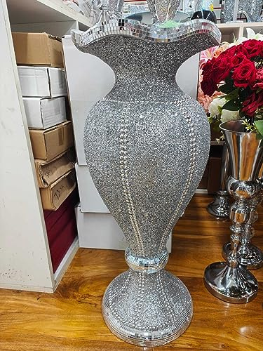 Biznest X Large 80Cm Shiny Sparkly Mirror Crushed Diamond Glitter Flower Pot Silver Floor Vase Luxury Home Decoration For Artificial Flowers (Silver Style 2)