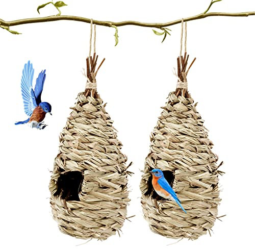 2 Stück Vogelnest,Kolibri-Haus für Draußen Aufhängen,Vogelhaus,Nisthöhlen für Vögel,Gras Hängendes Vögel Haus für Nisttasche,Handgewebt Kleine Vogel Nistkästen,für Garten Dekoration,24x10,5 cm