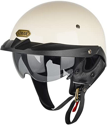 Halbschalenhelm Halbhelme Motorradhelm mit Schutzbrille Brain-Cap Halbschale Roller-Helm Scooter-Helm Harley-Helm Jet-Helm Retro für Erwachsene Herren Damen - DOT/ECE-Zertifizierter,White-L(59~60cm)